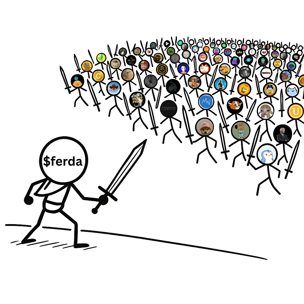 Stick figure with a $ferda head charging a huge army of meme coin stick figures